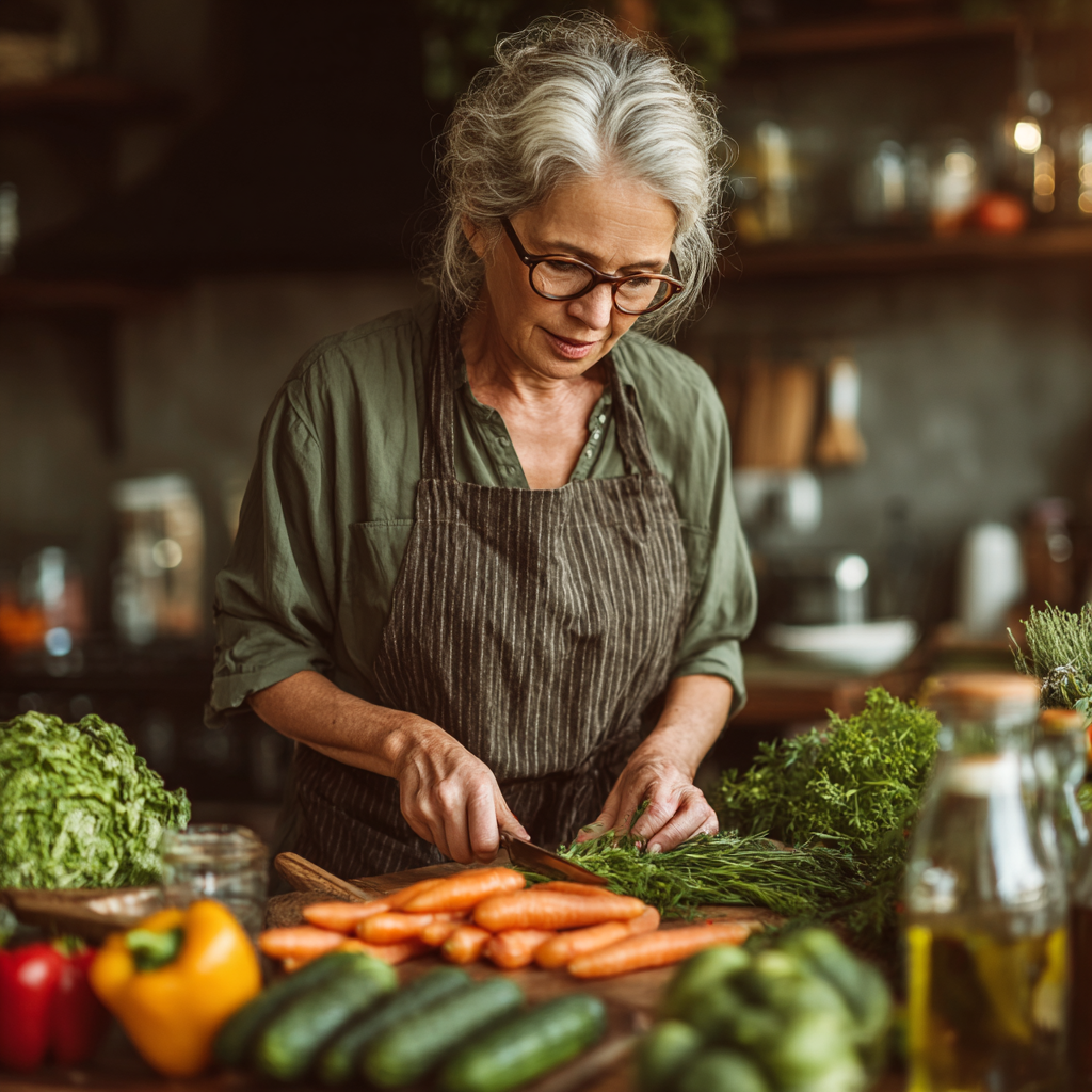 Mature woman preparing fresh healthy meal following nutrition plan