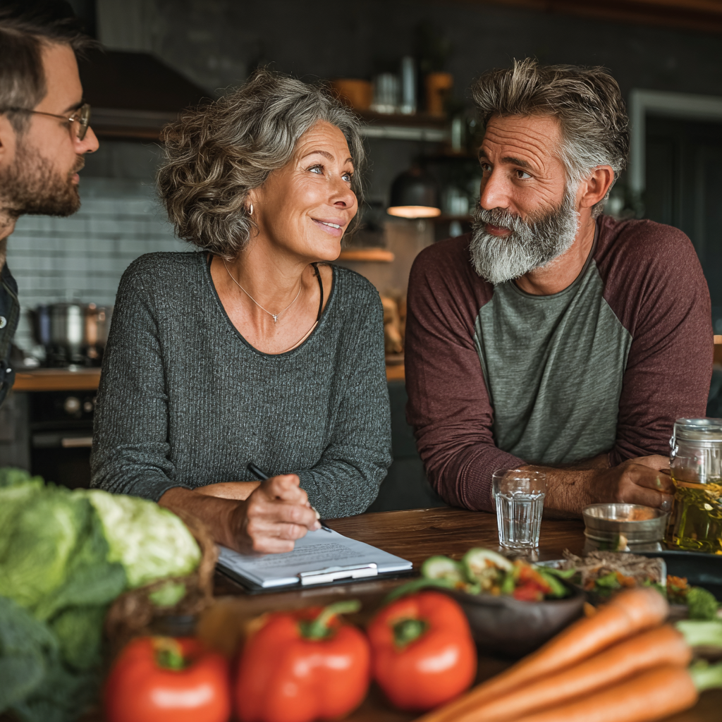 Nutritionist consulting with middle-aged couple about healthy meal planning